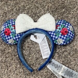 Blue Gingham Floral Minnie Ears Headband with White Bow